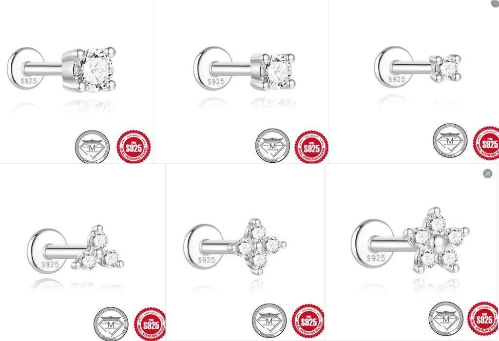 Platinum colour geometric petal stud earrings in sterling silver with ear clip back