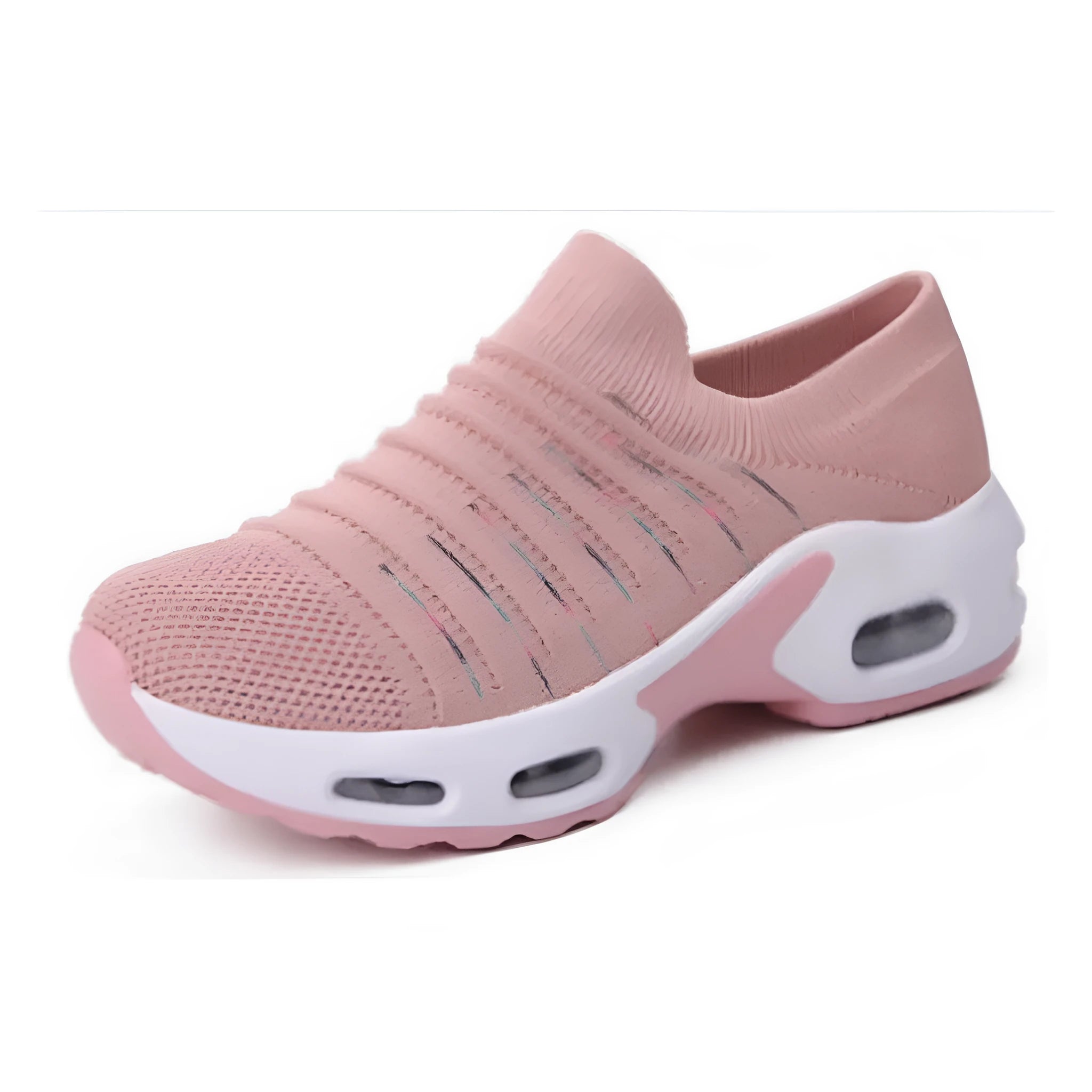 Women's plus size fly-knit sock shoes in stretch mesh material with low heel and round toe