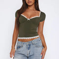Women's short-sleeve polyester top in sweet casual style, showing colour options and fit