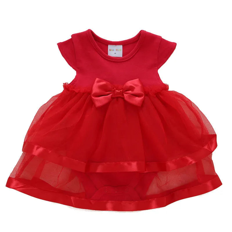 Baby girl's cotton princess dress set with lace sleeves, matching shoes, and hairband in red, pink or white colours