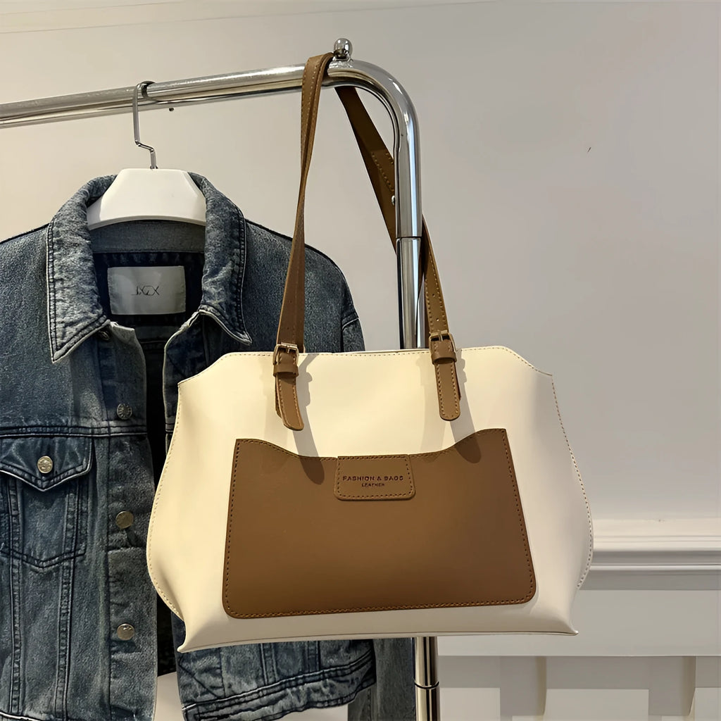 Women's PU leather tote bag with phone compartment in horizontal square design with double shoulder straps