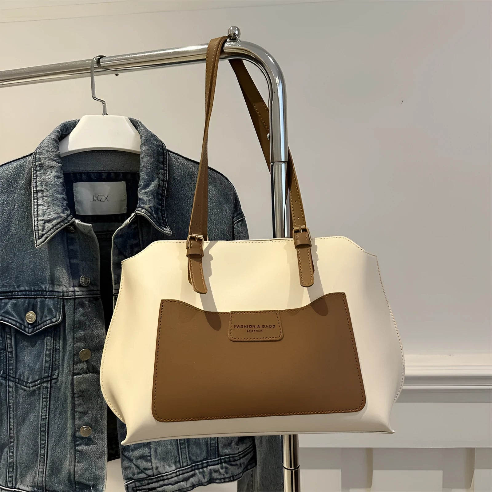 Women's PU leather tote bag with phone compartment in horizontal square design with double shoulder straps