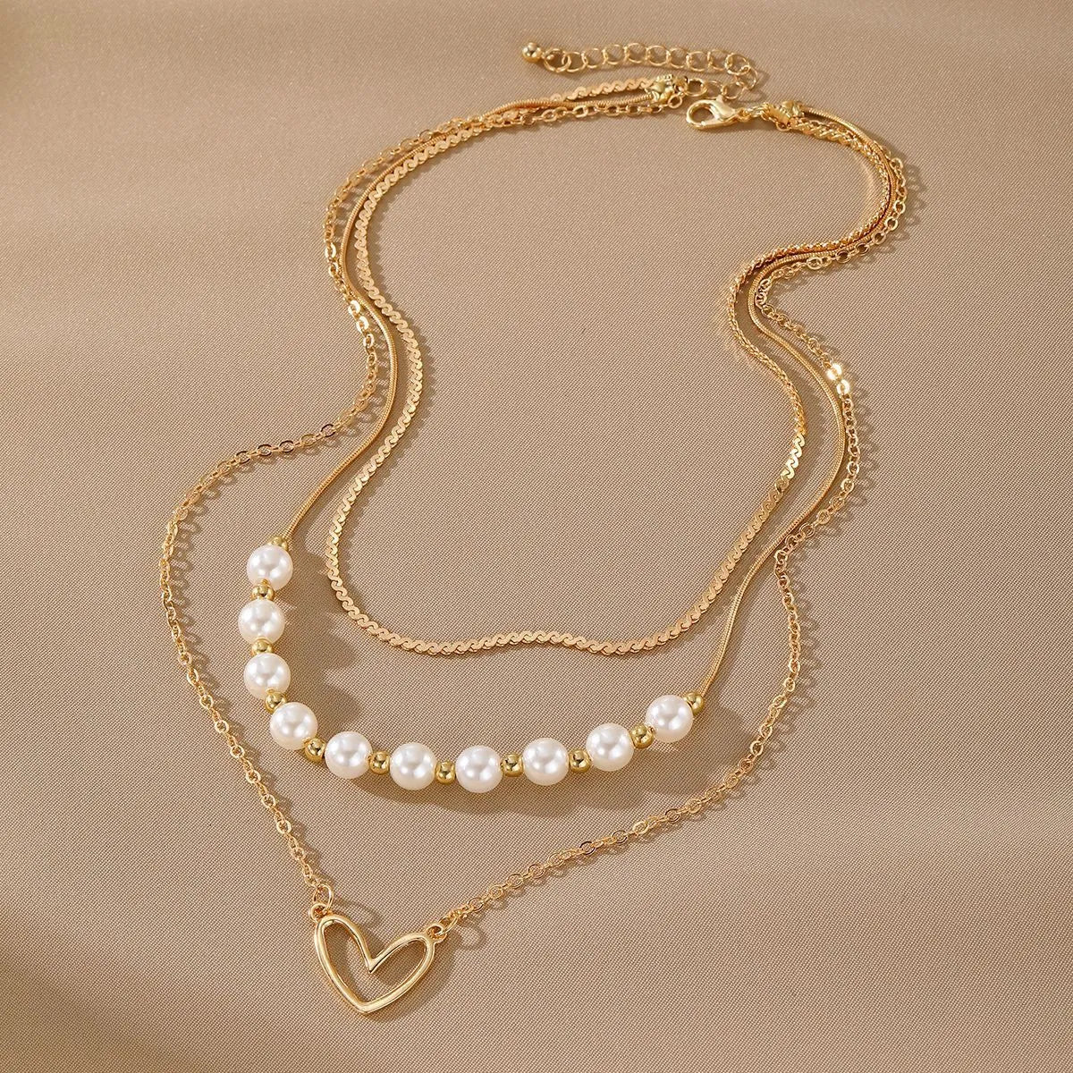 Vintage gold heart necklace on pearl chain with adjustable 41-50cm length