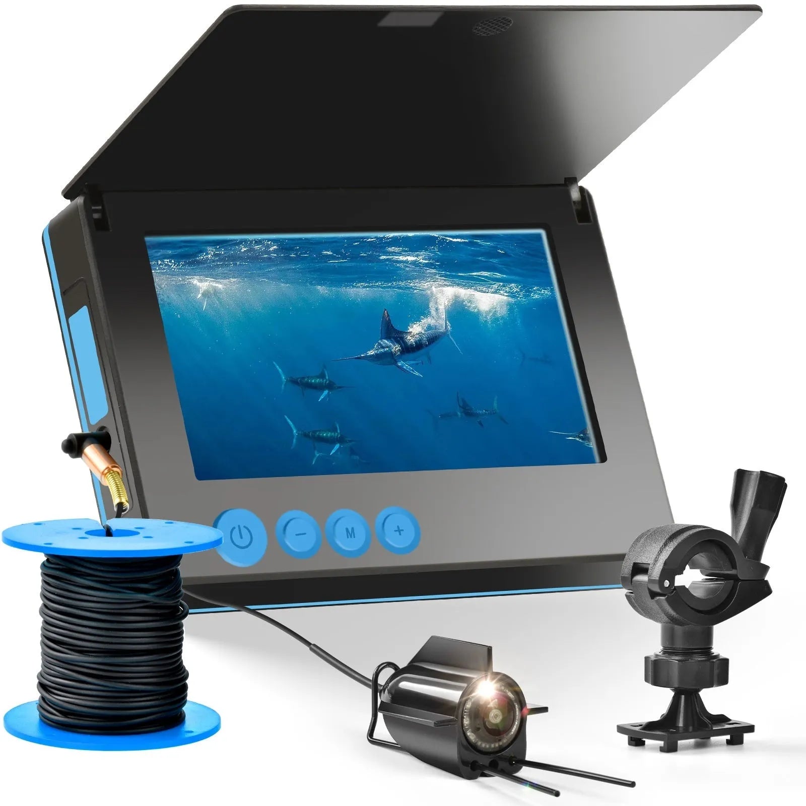 Fish finder underwater HD camera with 4.3-inch screen, wide angle lens, and temperature sensing on a fishing boat