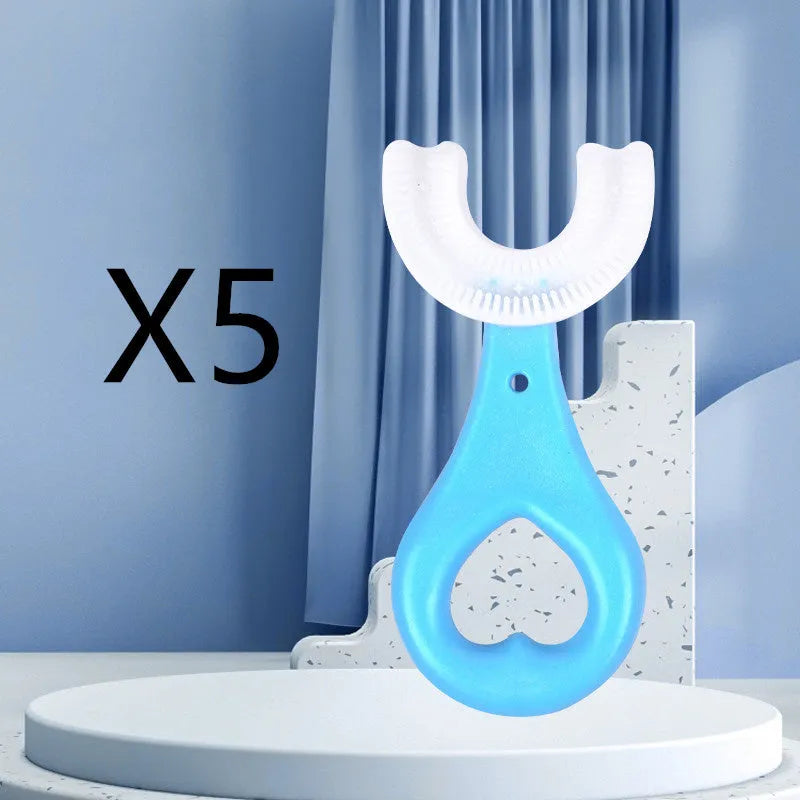 Children's U-shaped toothbrush in soft rubber for milk teeth cleaning, shown in pink and blue colours