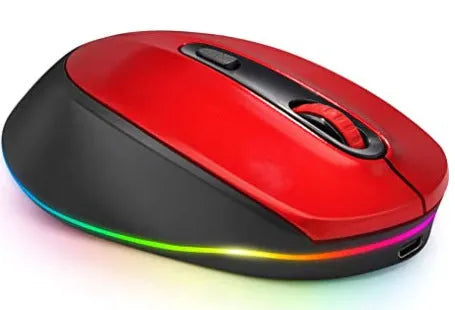 24g wireless mouse with ergonomic design showing seven colour options and USB charging cable