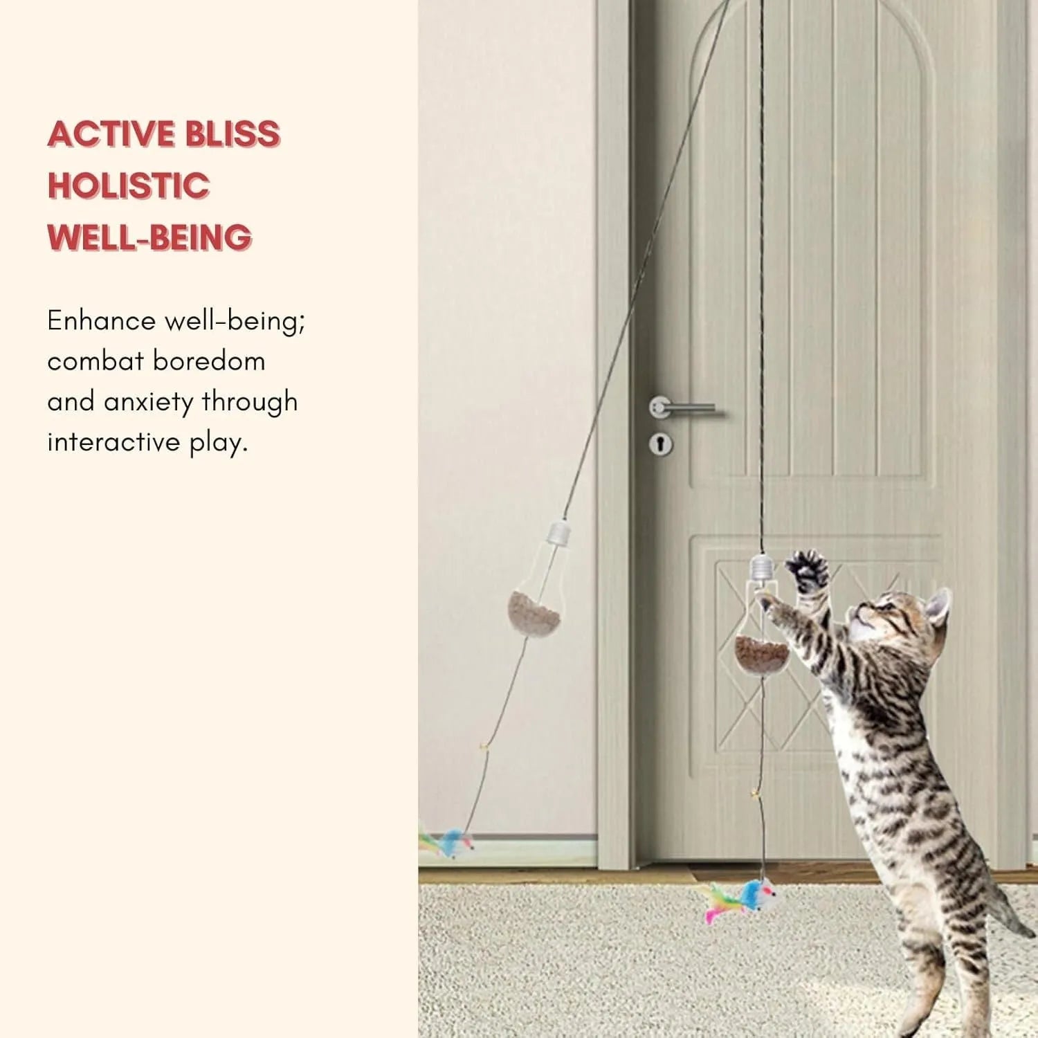 Interactive hanging cat toy with retractable elastic rope and treat reward bulb mounted on door frame