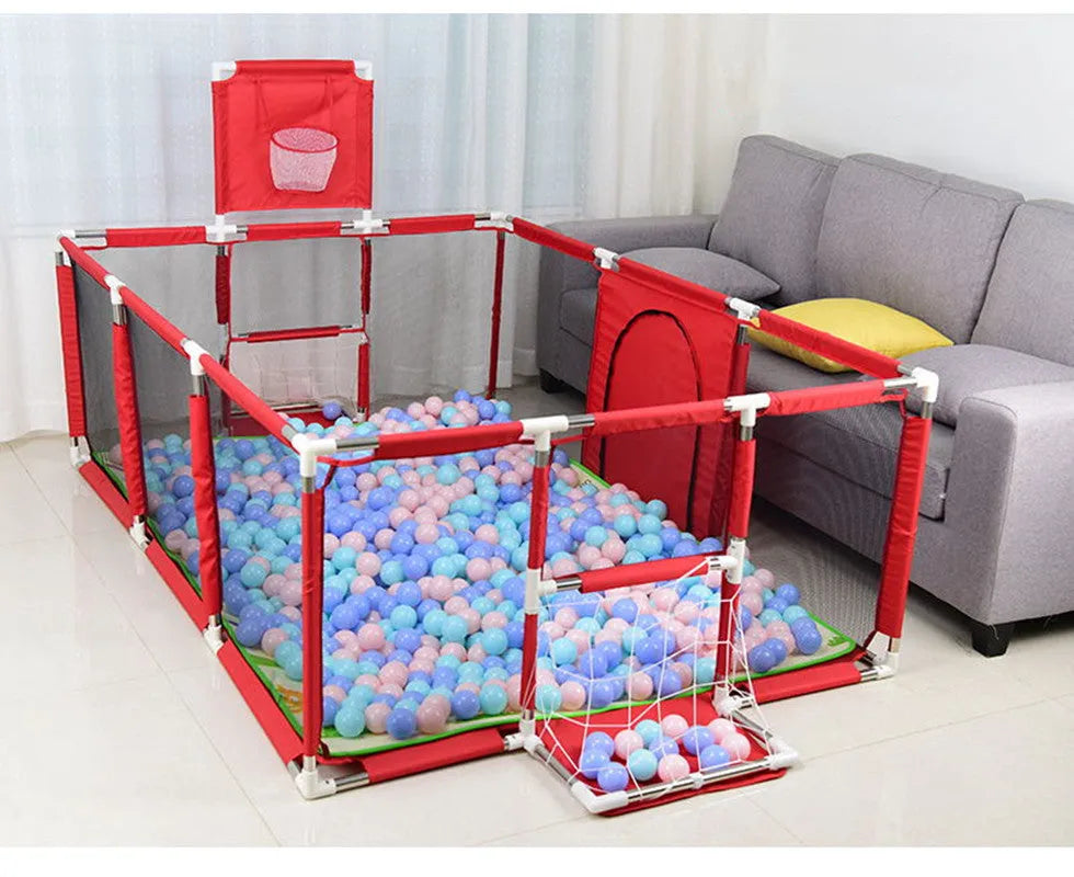 A large Dark Grey children's playpen tent with steel frame set up indoors on a carpet.