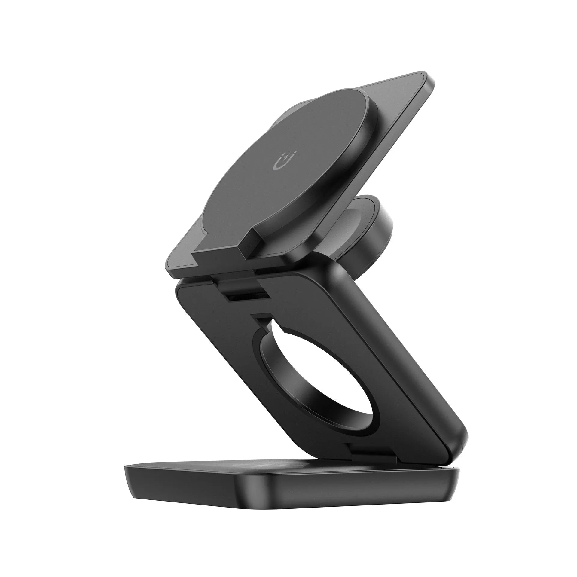 White foldable magnetic wireless charging holder for mobile phones showing QC3.0 fast charge.