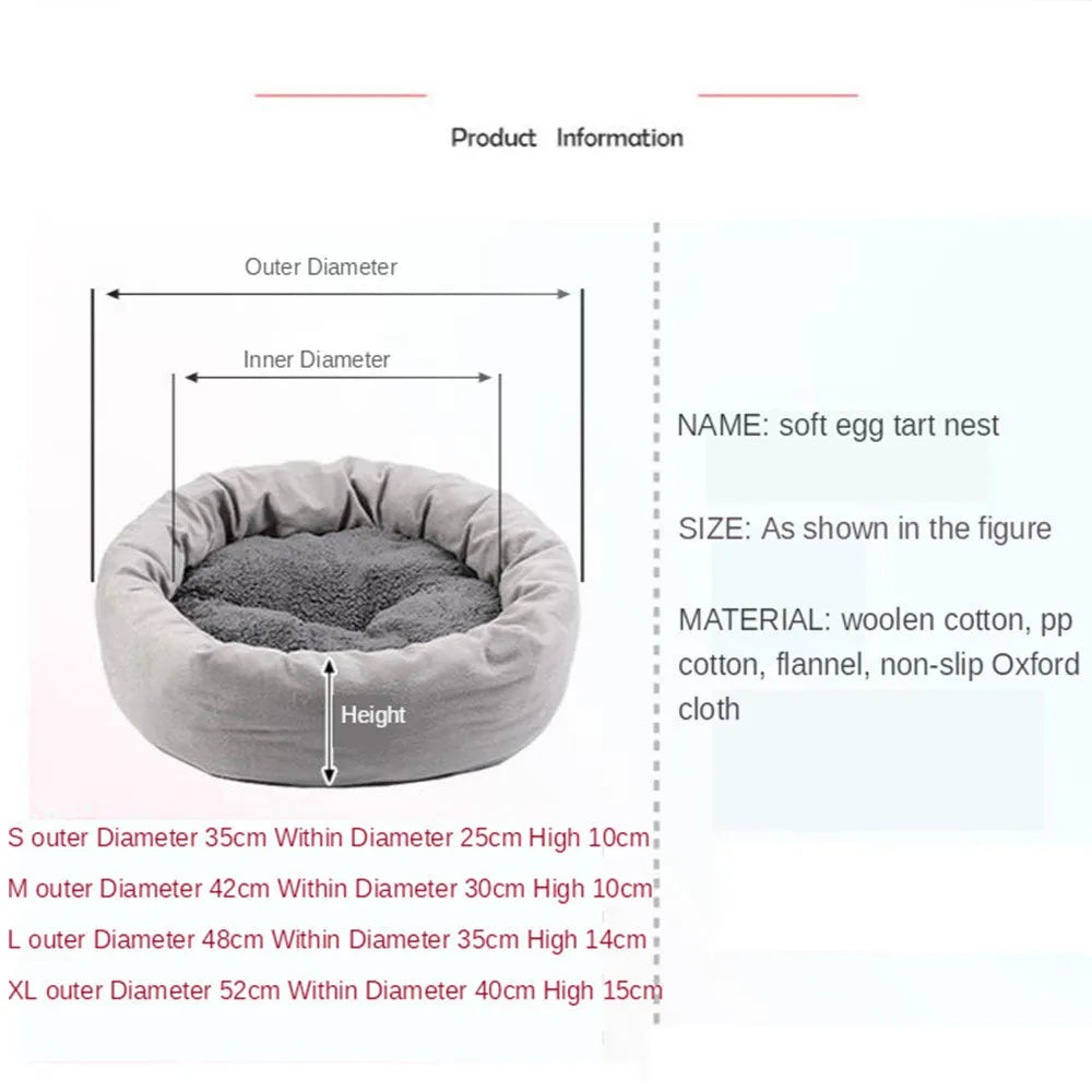 Grey round pet bed for small dogs and cats with raised edges and removable pillow on non-slip base