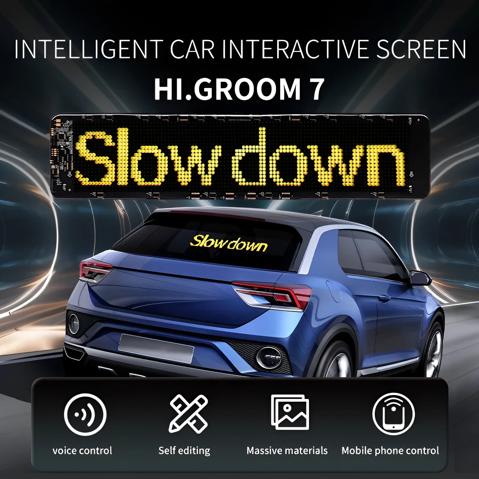 LED smart bumper sticker expression screen measuring 110mm by 492mm with mobile phone control