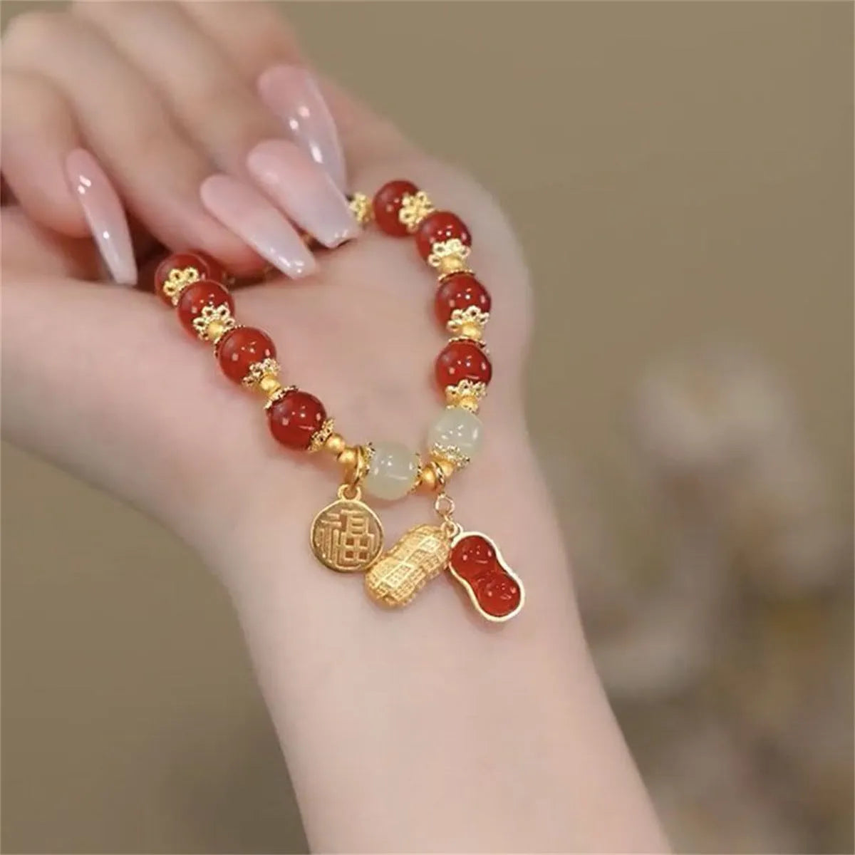 Rabbit motif bracelet with peace buckle clasp made from glass and coloured glaze