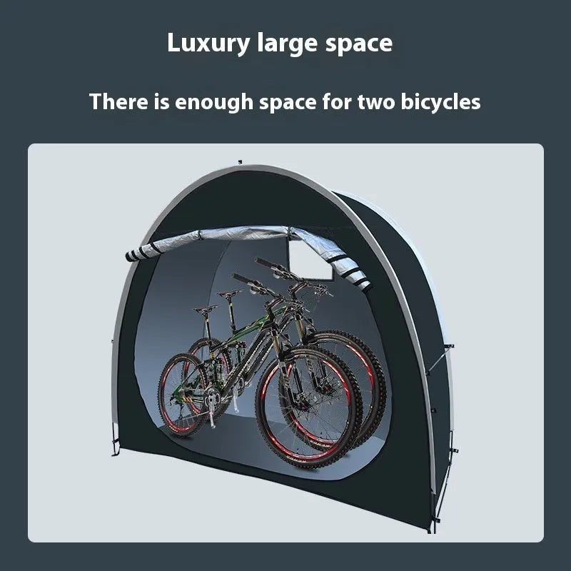Black outdoor bicycle storage tent showing roof-style design suitable for 2-3 bicycles