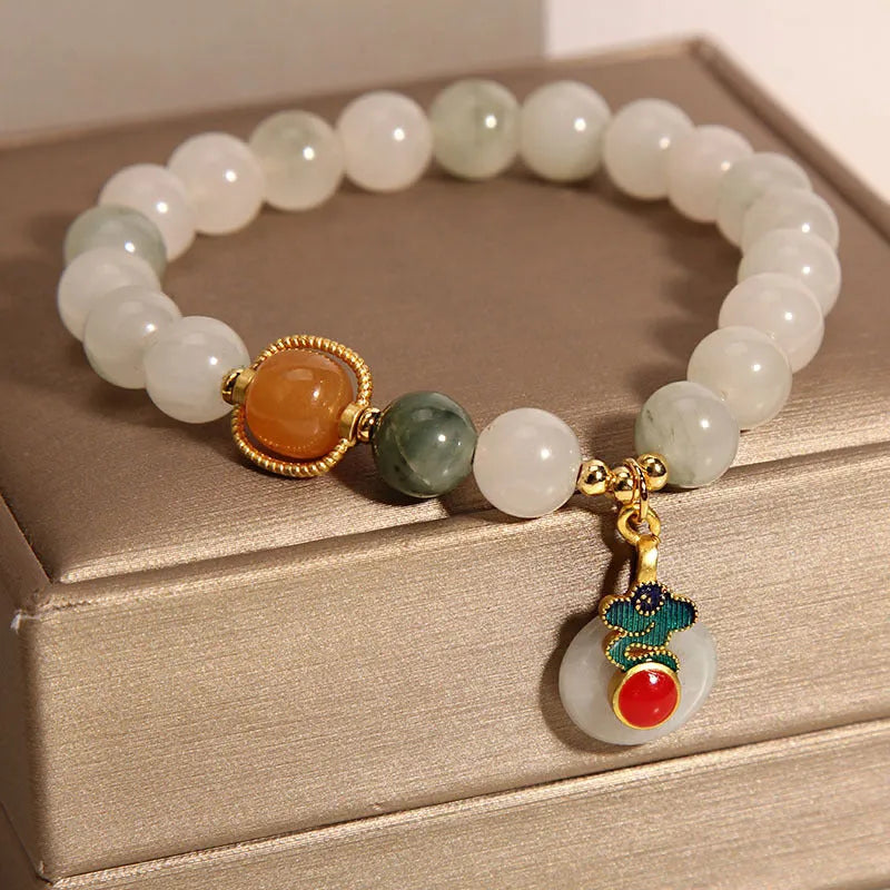 Ice Jade Crystal Bracelet for women with pearl accents and Xiangyun jade buckle in retro style