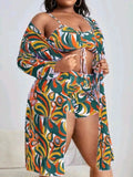 Women's floral print swimsuit bikini three-piece set with matching cardigan in larger sizes