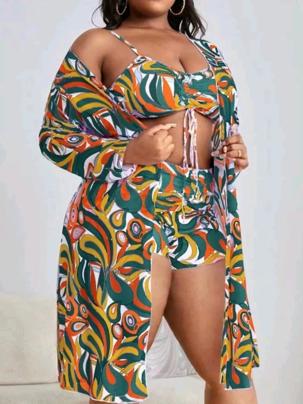 Women's floral print swimsuit bikini three-piece set with matching cardigan in larger sizes