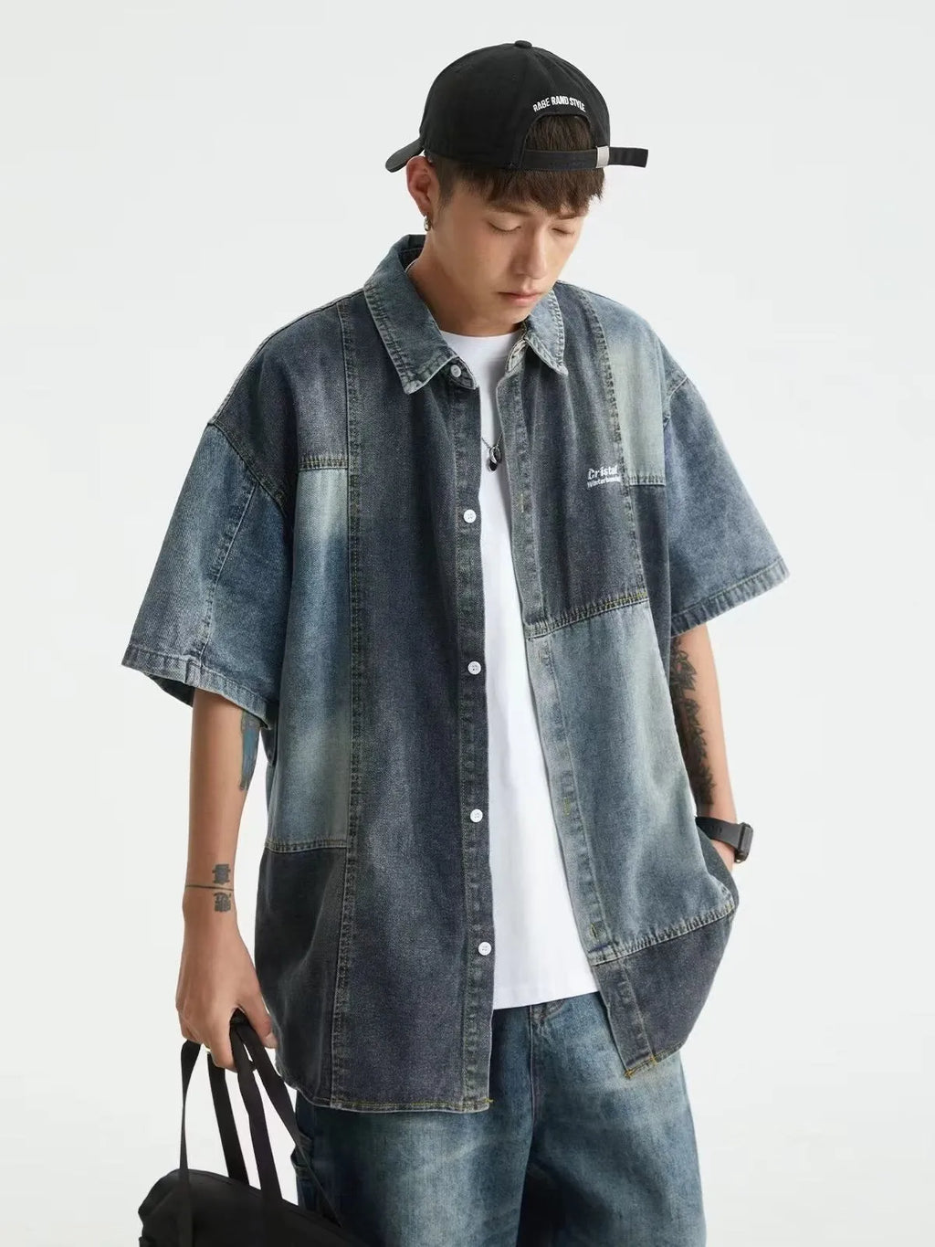 Men's blue loose-fit denim shirt with retro washed finish and cardigan style.