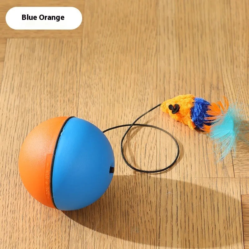 Automatic cat teasing ball toy with plush mouse attachment in blue orange and dark grey