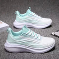 Lightweight mesh running shoes with PVC non-slip sole, flat heel, round toe, and front lace-up, in white green, light pink, or purple.