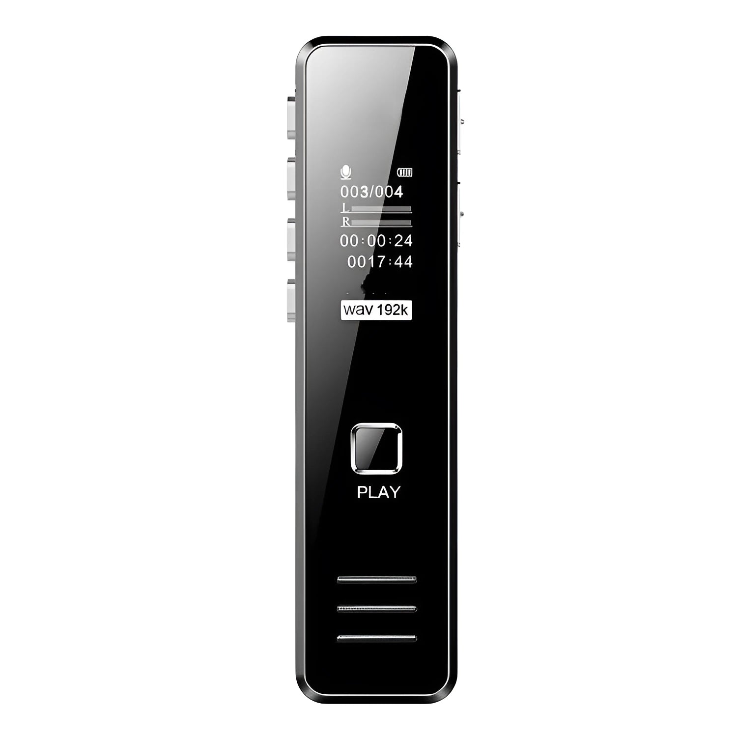Small black or gold plastic voice recorder with display and microphone.