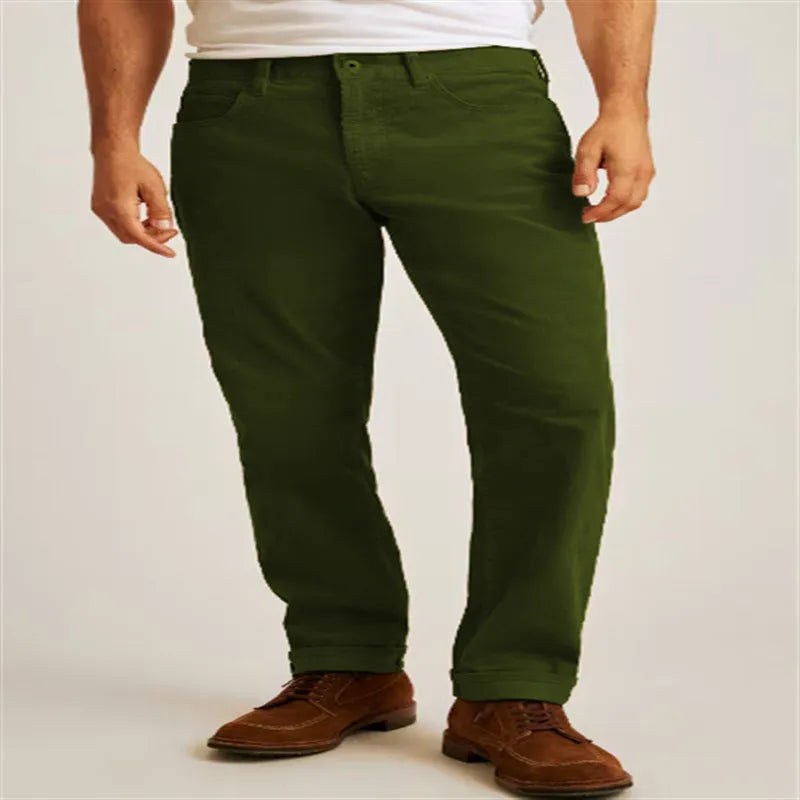 Corduroy straight-leg trousers in loose casual fit with mid-waist design and zip fly closure
