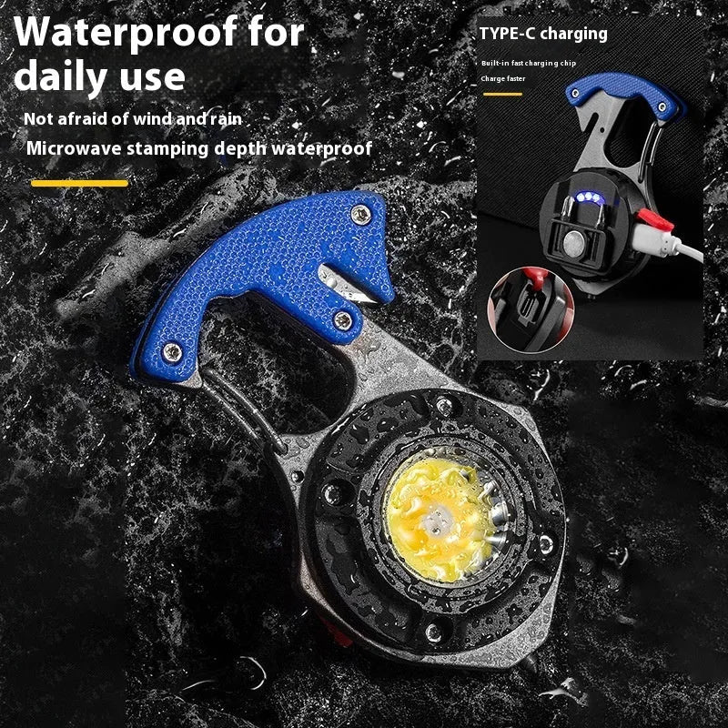 Portable aluminium multifunctional keychain flashlight with keyring and display screen.