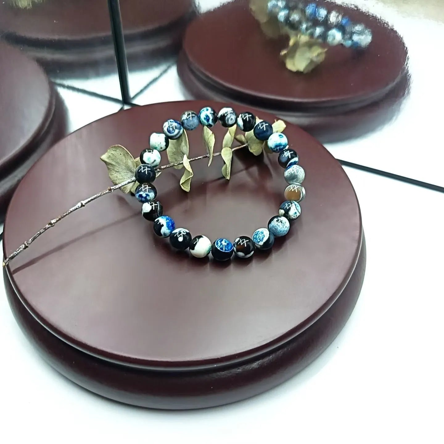 Ladies Bohemian bracelet with 8mm natural agate glass beads and adjustable silver clasp in four colour variations