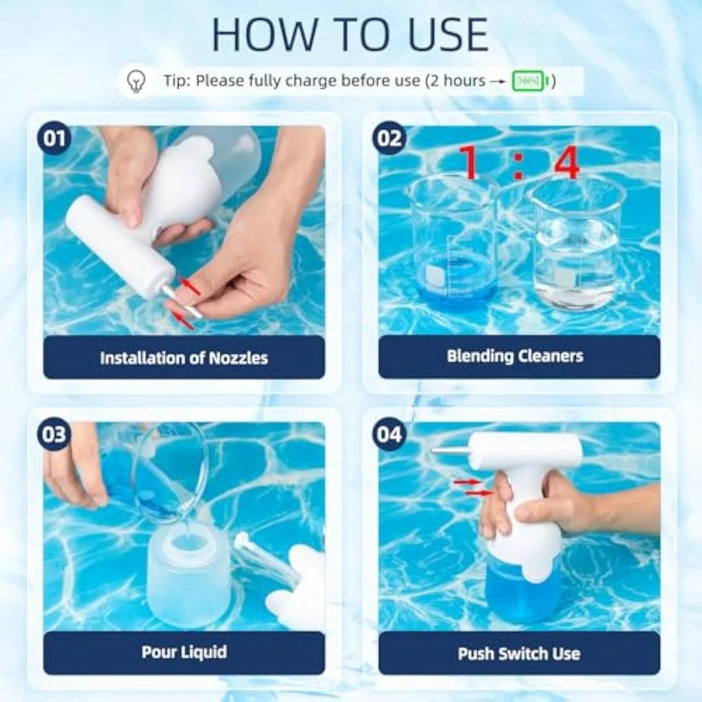 White electric foam soap dispenser with two nozzles and a USB charging cable.