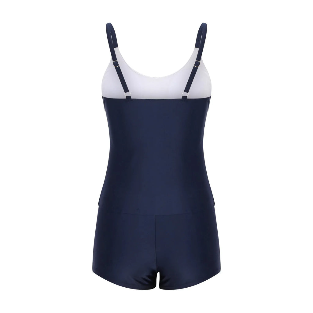 Ladies conservative stripe boyshorts split fashion one-piece swimsuit