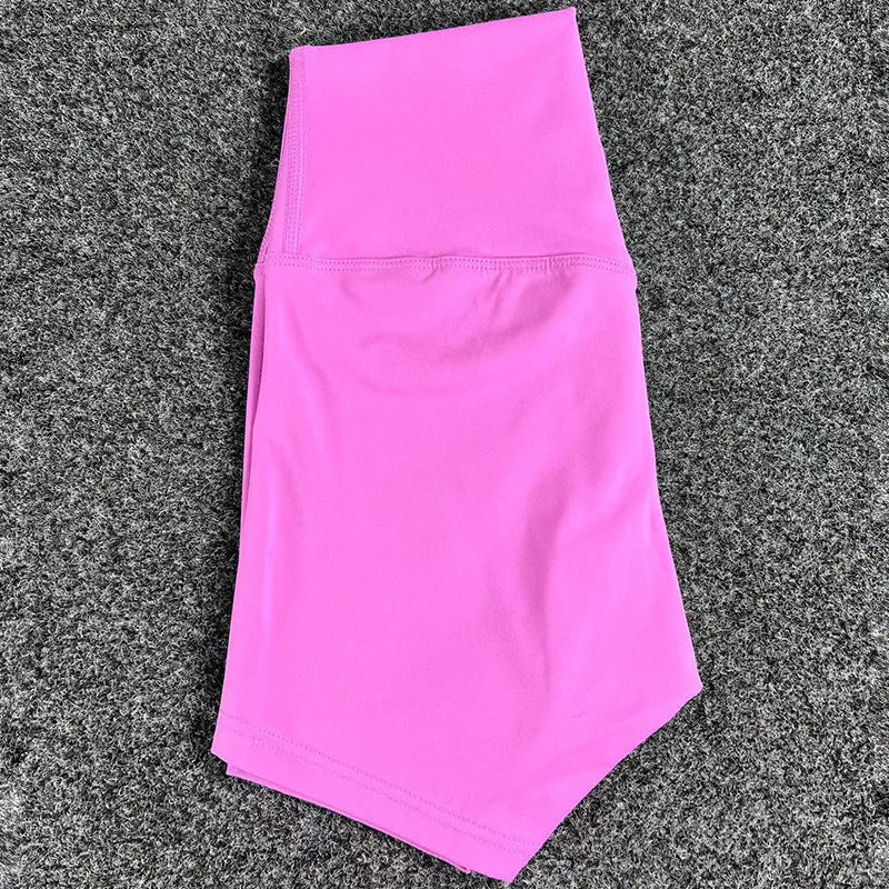 Women's high-waist yoga shorts in nylon fabric, available in colours like pink litchi and electric blue, sizes S-XXL