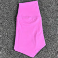 Women's high-waist yoga shorts in nylon fabric, available in colours like pink litchi and electric blue, sizes S-XXL