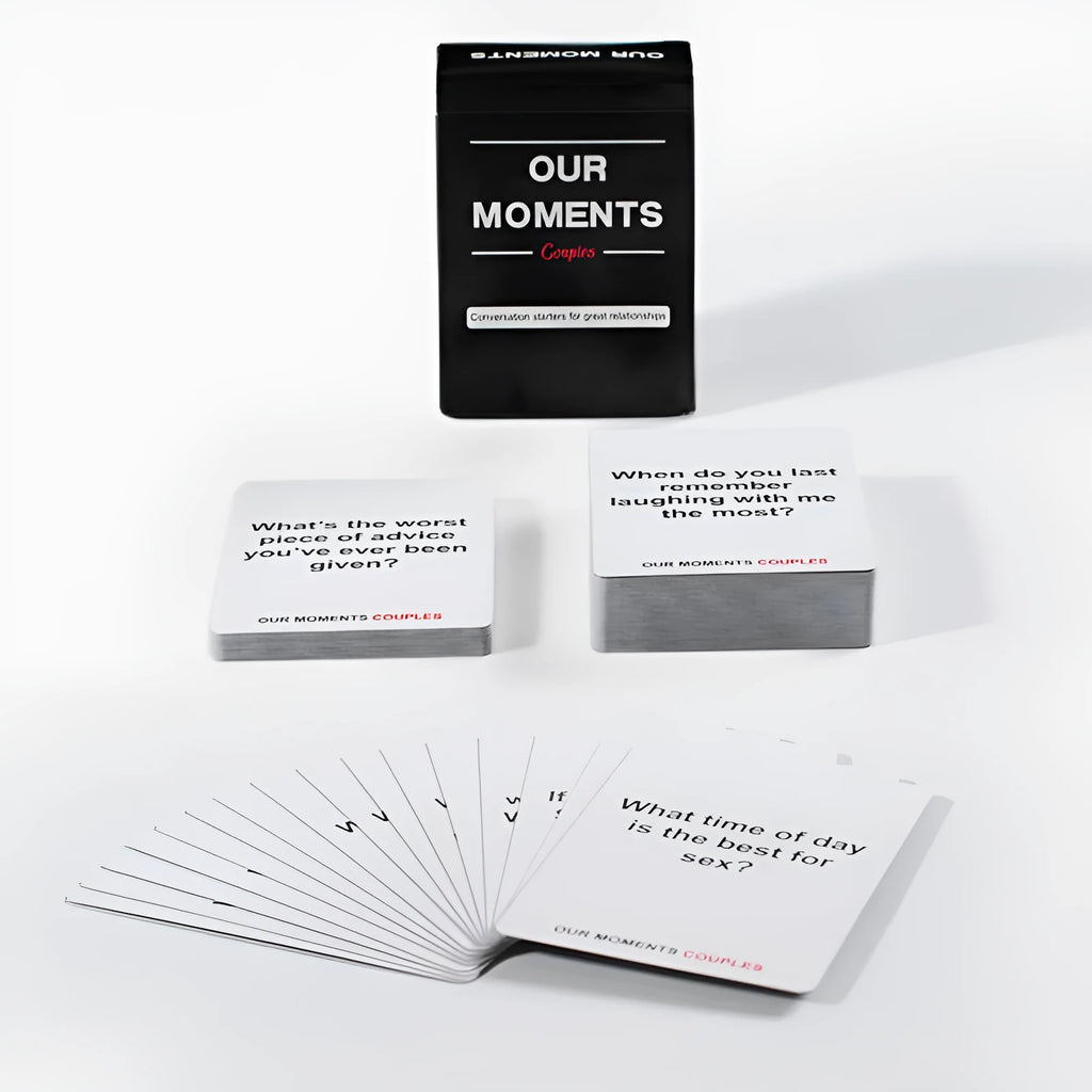 Black box of Our Time Lovers Edition communication cards for couples, showing card dimensions.