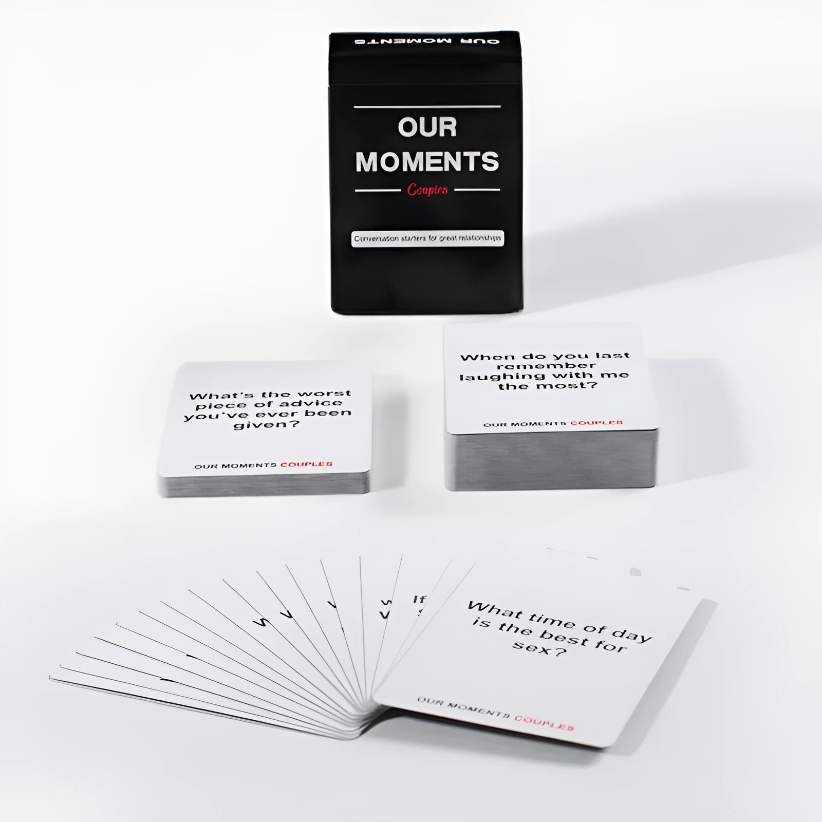 Black box of Our Time Lovers Edition communication cards for couples, showing card dimensions.