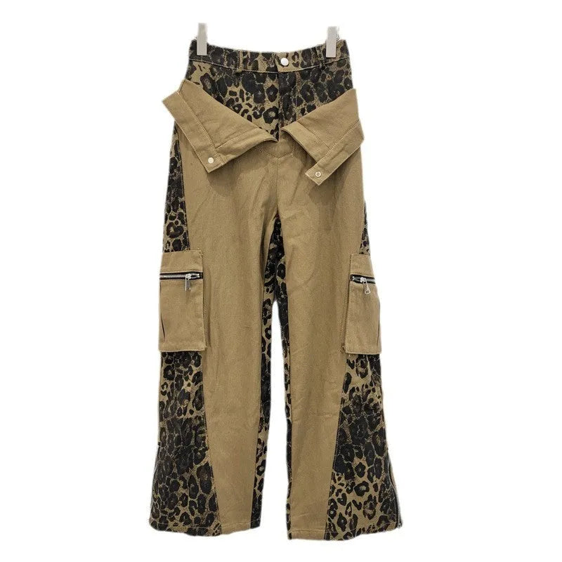 Dark khaki leopard print high waist straight leg jeans with contrast colour stitching on a mannequin.