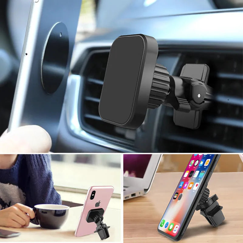 Black magnetic car phone holder attached to air vent with phone secured, showing 360-degree rotation capability