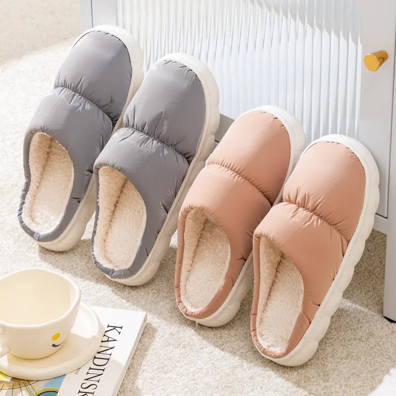 Down cotton slippers with artificial leather upper, rubber anti-slip soles, and plush lining in blue, green, grey, pink, or yellow