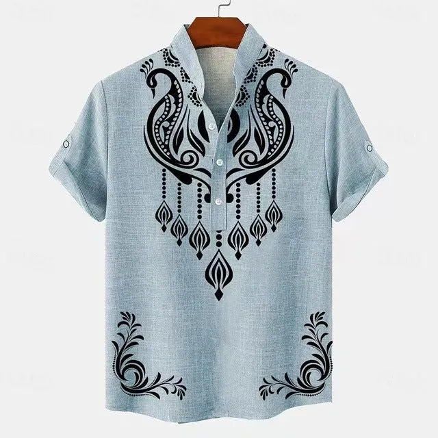 Men's casual linen-style shirt with personalised buttons in striped pattern and loose fit