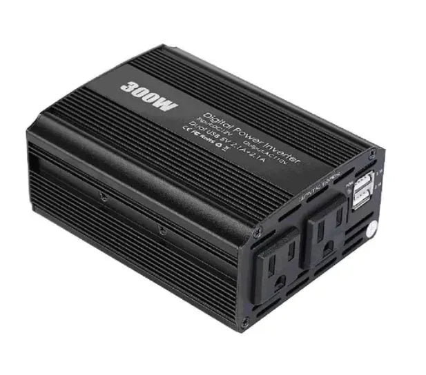 300W car inverter, 12V to 110V, dual USB ports, alloy body, 125 x 80 x 46mm, red or black