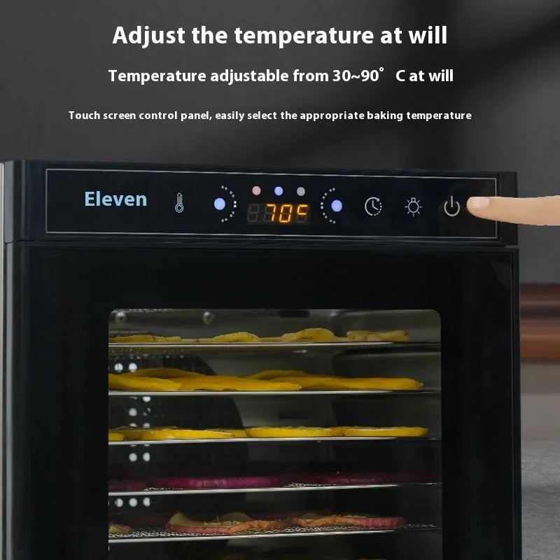 Stainless steel fruit dehydrator with visual skylight, 6 trays, LED control panel showing temperature settings