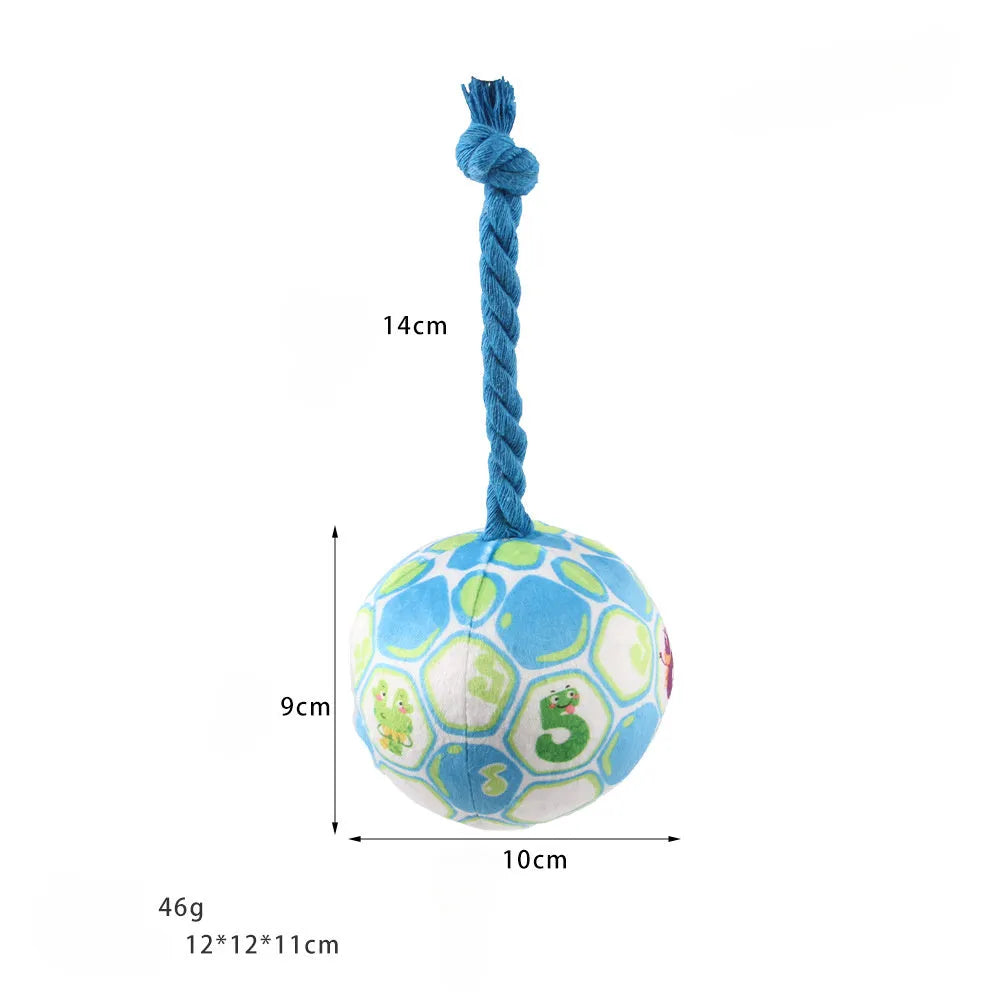 Blue and yellow elastic football dog toy made from cotton rope for tug of war and teeth grinding.