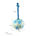 Blue and yellow elastic football dog toy made from cotton rope for tug of war and teeth grinding.
