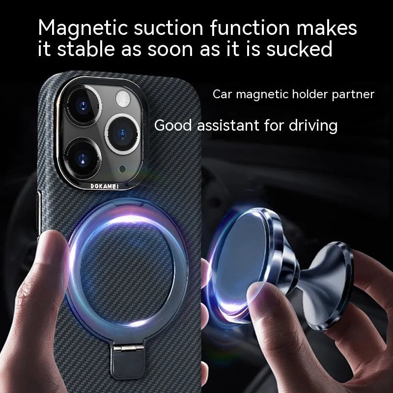 Carbon fibre iPhone case with magnetic bracket in graphite black, compatible with Apple iPhone 13 to 15 Pro Max
