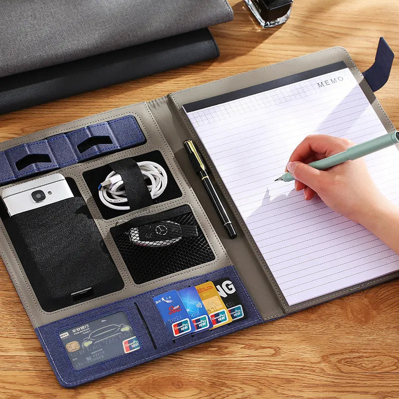 Leather A4 business folder showing 35mm thickness, 325x250mm dimensions with pen and notepad accessories