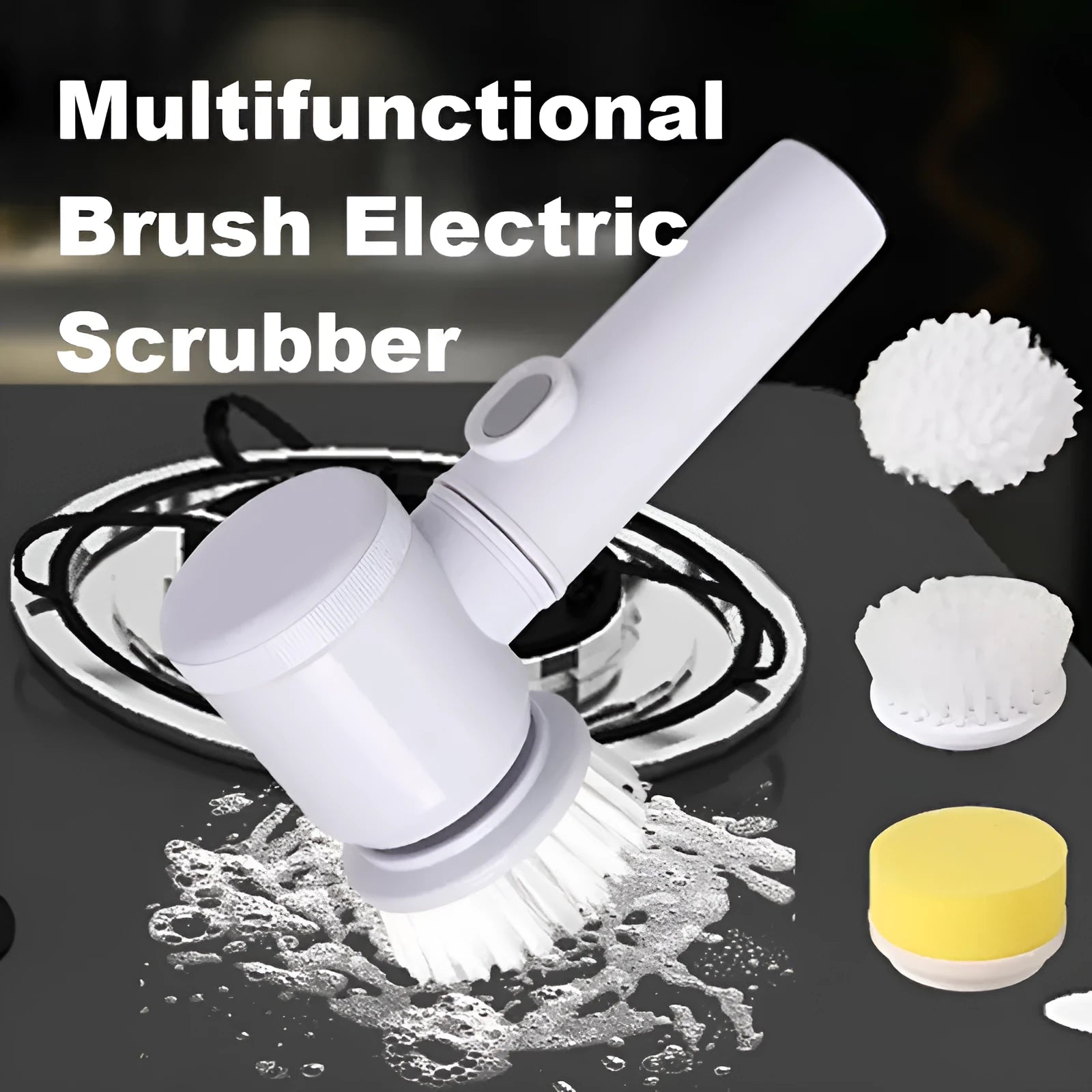 Rechargeable electric cleaning brush with multiple interchangeable scrub heads for kitchen use