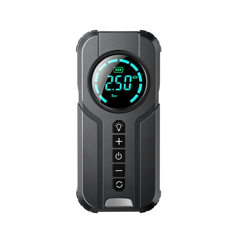Wireless portable vehicle air pump with 6000mAh battery, 12V output, and accessories including nozzles and 3m cable