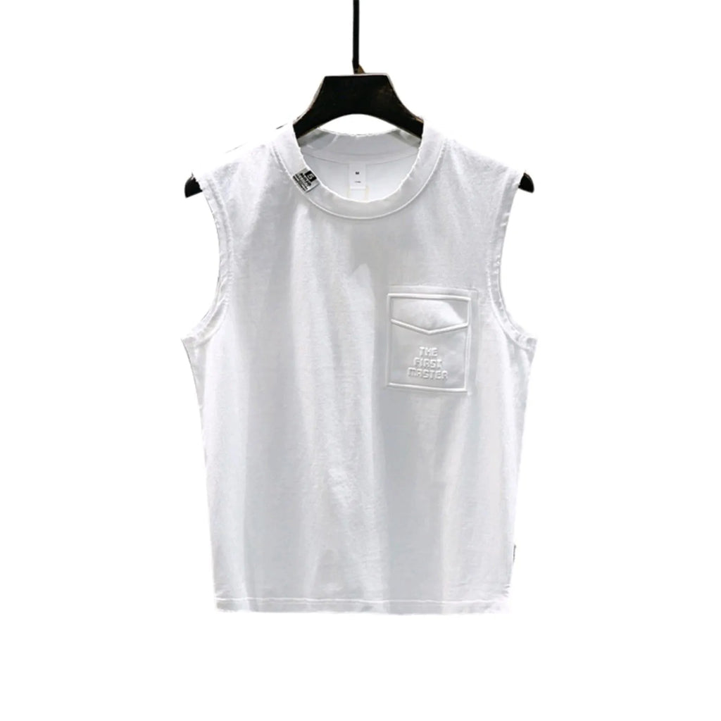 Solid colour loose fit cotton sleeveless t-shirt on a hanger, shown in black and white colour options.