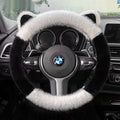 Plush winter steering wheel cover in Pink White, 38cm diameter, non-slip backing, business style