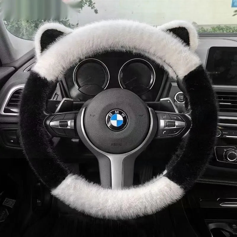 Plush winter steering wheel cover in Pink White, 38cm diameter, non-slip backing, business style