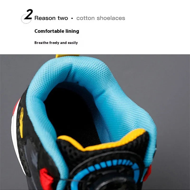 Children's rotating button basketball shoes in black with waterproof PU sole and synthetic leather upper