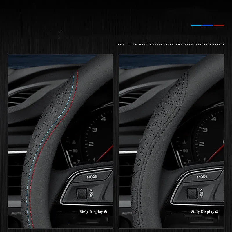 Black leather steering wheel cover with two-color stitching on Suzuki steering wheel, showing 38cm diameter and ultra-thin design